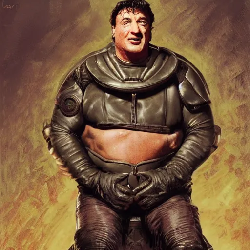 Prompt: sylvester stallone as baron harkonnen wearing a leather spacesuit and sitting on a throne flanked by dark armoured warrior women, by normal rockwell and greg staples and craig mullins, science fiction character concept art, artstation - H 832