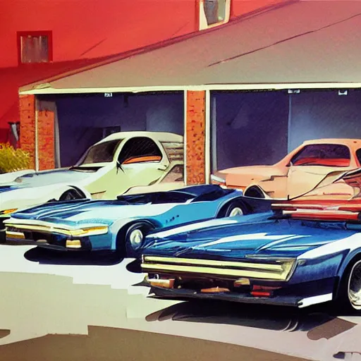 Prompt: detailed details photorealistic pictures of car garage in the style of bob peak and alex ross, gouache and wash paints color, detailed details facial and body and human and environments and proportionate, detailed 5 k details.