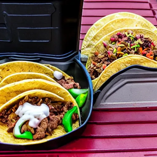 Image similar to the most disgusting tacos in the world served in a trashcan lid with worms, dirt, filth.
