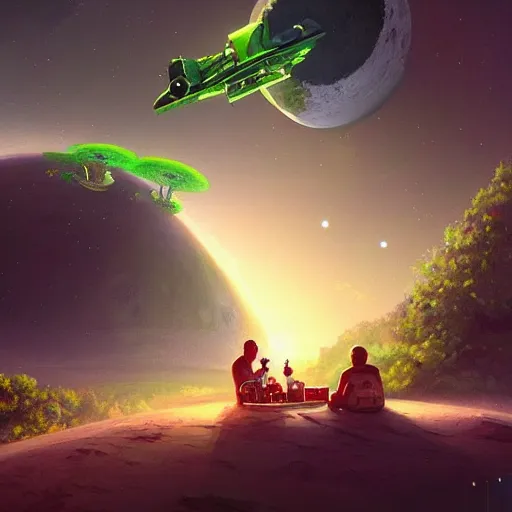 Image similar to Astronauts are having a picnic with green aliens and some dinosaurs on saturn's ring and saturn is as background, by Jordan Grimmer digital art, trending on Artstation,