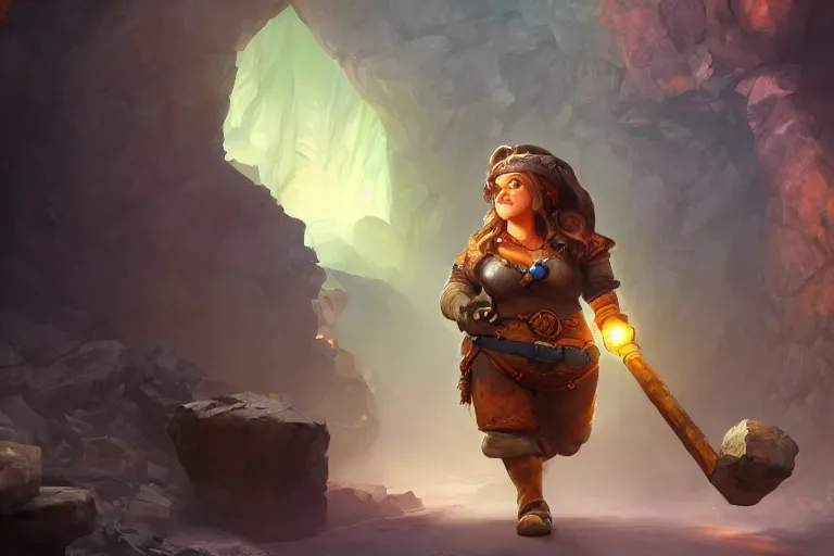 Prompt: happy female fantasy dwarf miner walking through a crystal mine, rpg portrait reference, oil painting, trending on artstation, octane render, insanely detailed, 8 k, hd