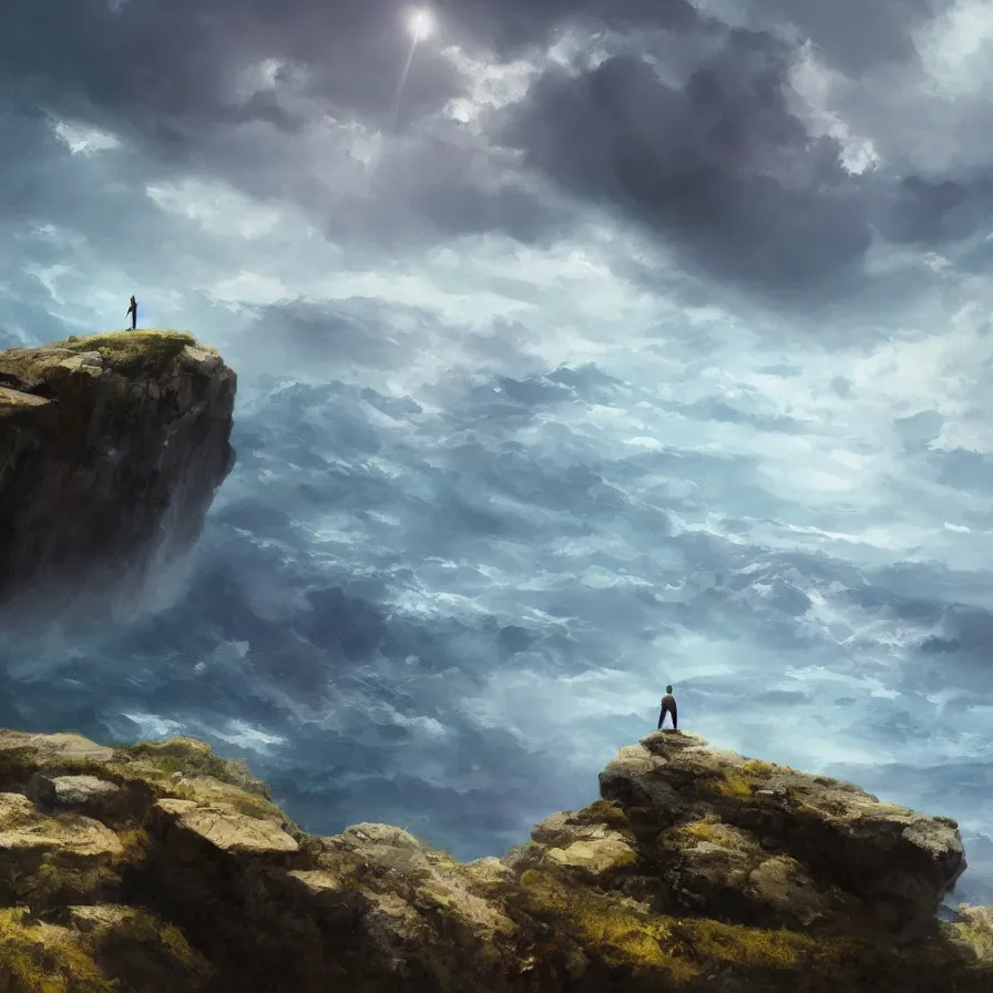 Image similar to Image from afar, man looking from the top of a large rock cliff, the sea hits the large stones hard, the clouds let through subtle rays of light, ilustration, concept art, sharp focus, ArtStation and deviantart