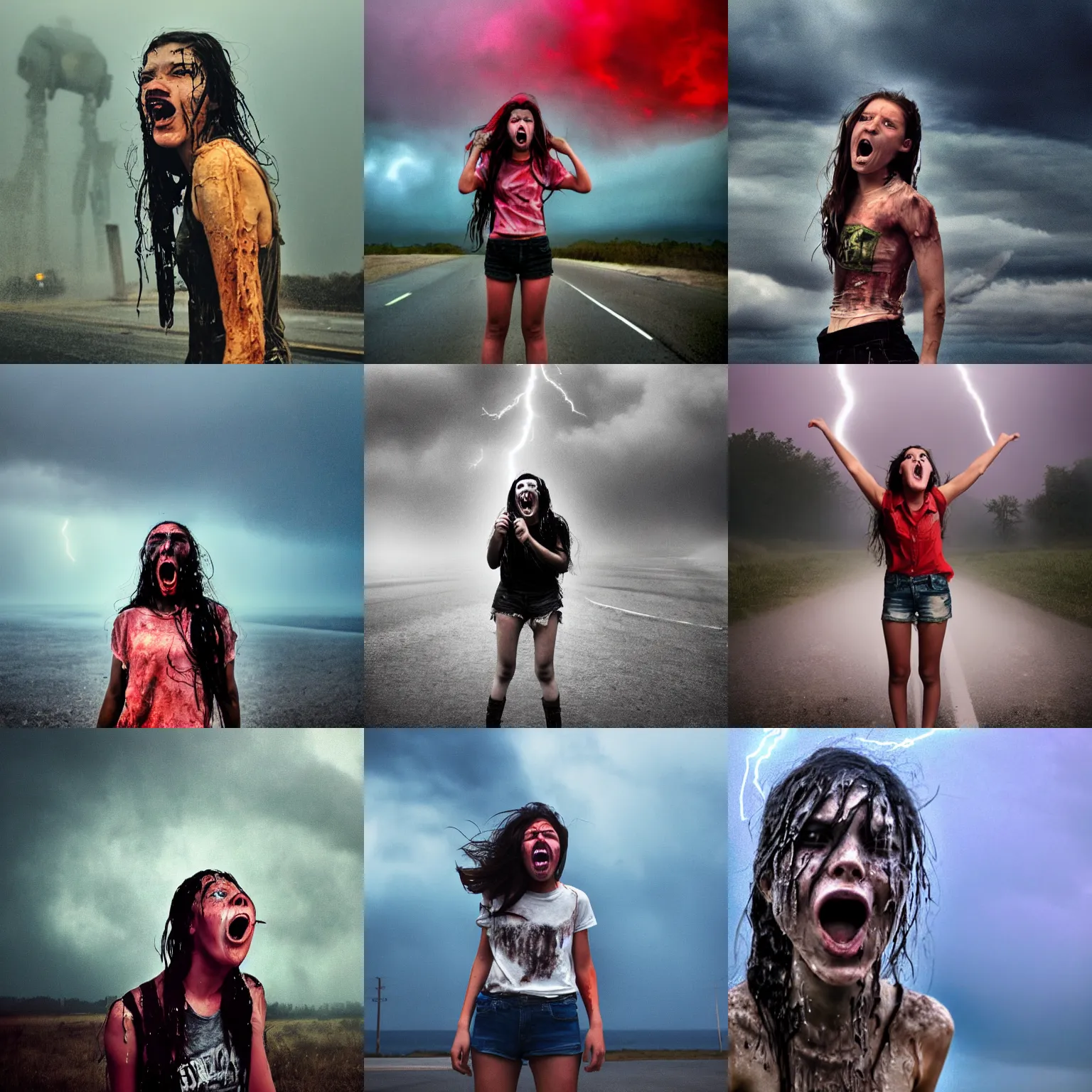 Prompt: apocalyptic photograph of a teenage girl screaming face toward the camera wearing wet and ripped!!! shirt and shorts, fear, skin, towering terrifying robot!!! stands blurry on the horizon, atmospheric, rain and smoke and lightning, bold color, dramatic movie still by nick ut