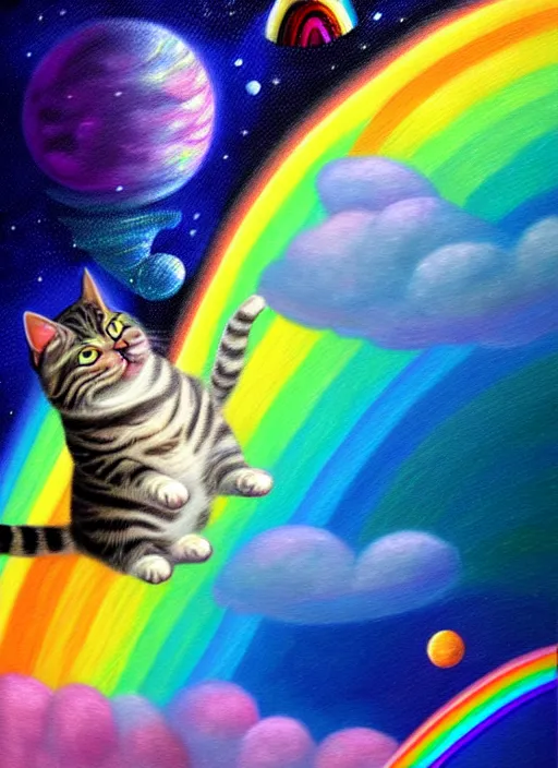 Prompt: a chubby tabby cat surfing on a rainbow in outer space, diffuse lighting, fantasy, intricate, surrealism!!!!, highly detailed, lifelike, photorealistic, digital painting, artstation, illustration, concept art, smooth, sharp focus,