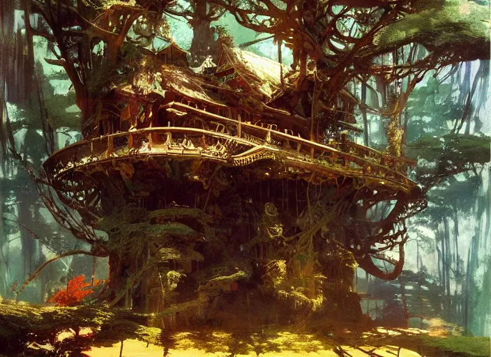 Image similar to treehouse interior, intricate, elegant, highly detailed, vivid colors, john harris, frazetta, tyrus wong, ruan jia, jeffrey catherine jones