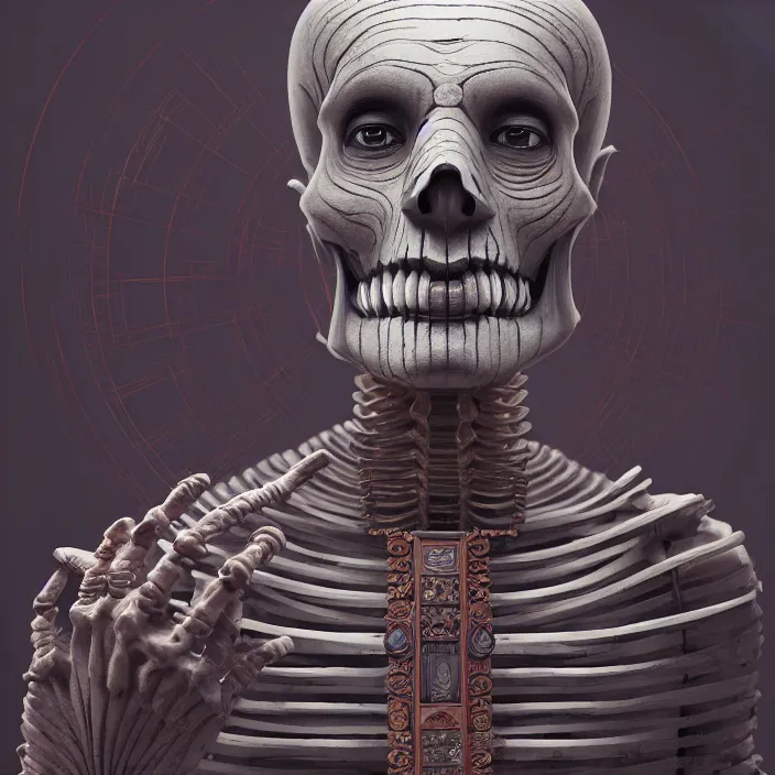 Image similar to portrait of Buddhist Monk as skeleton. intricate abstract. intricate artwork. by Tooth Wu, wlop, beeple, dan mumford. octane render, trending on artstation, greg rutkowski very coherent symmetrical artwork. cinematic, hyper realism, high detail, octane render, 8k, iridescent highlights