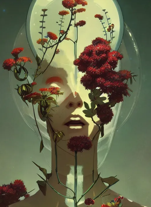 Prompt: illustrated by satoshi kon and greg rutkowski, a cyborg face in some plants with flowers and berries for a face, 6 0's retro sci - fi flat surreal design