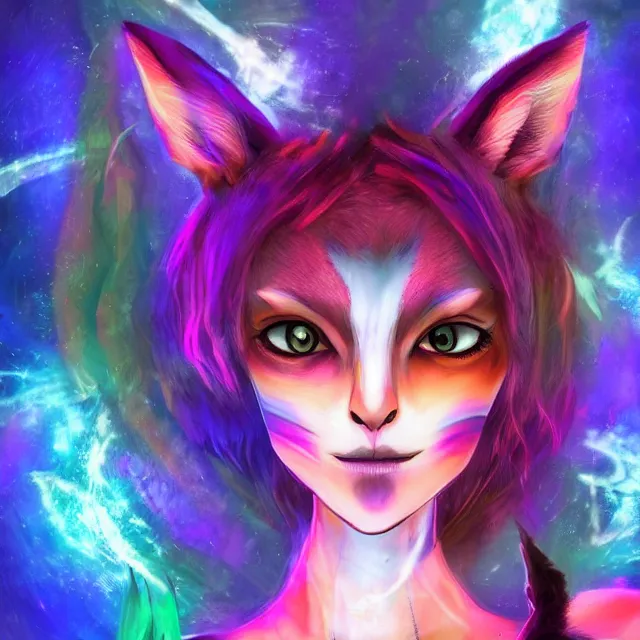 Image similar to a character portrait of the avatar for an female humanoid fox raver a. i. in the style of glitch art in the style of surreal art trending on artstation deviantart pinterest furaffinity photorealistic hd 8 k highlights and shadow detailed high resolution