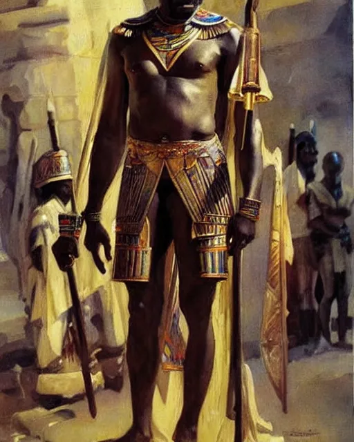 Prompt: fantasy oilpainting by anders zorn depicting djimon hounsou as a temple guard dressed in ancient egyptian decorative armor