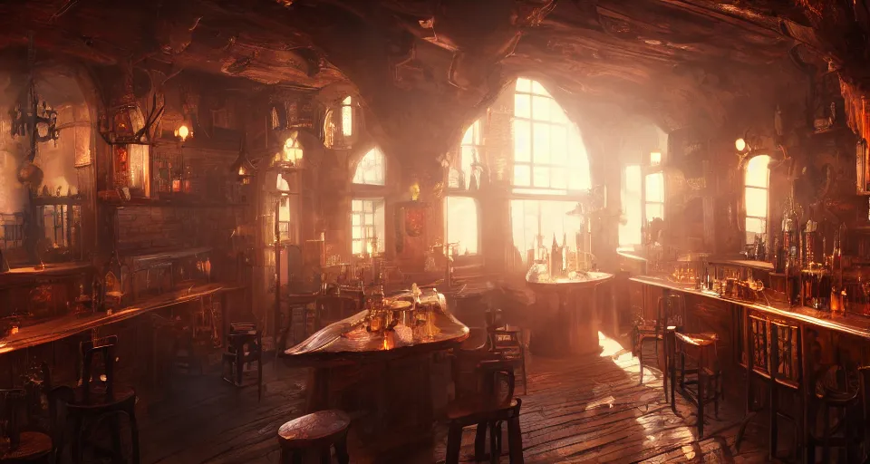 Image similar to alchemy tavern, hyperdetailed, artstation, cgsociety, golden hour 8 k, volumetric lighting