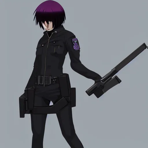 Prompt: Anime Major motoko kusanagi in all black uniform wielding a rifle, digital art