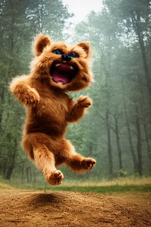 Image similar to A little furry cute monster is excited jumping over a mound in a misty forest, 4k, 8k