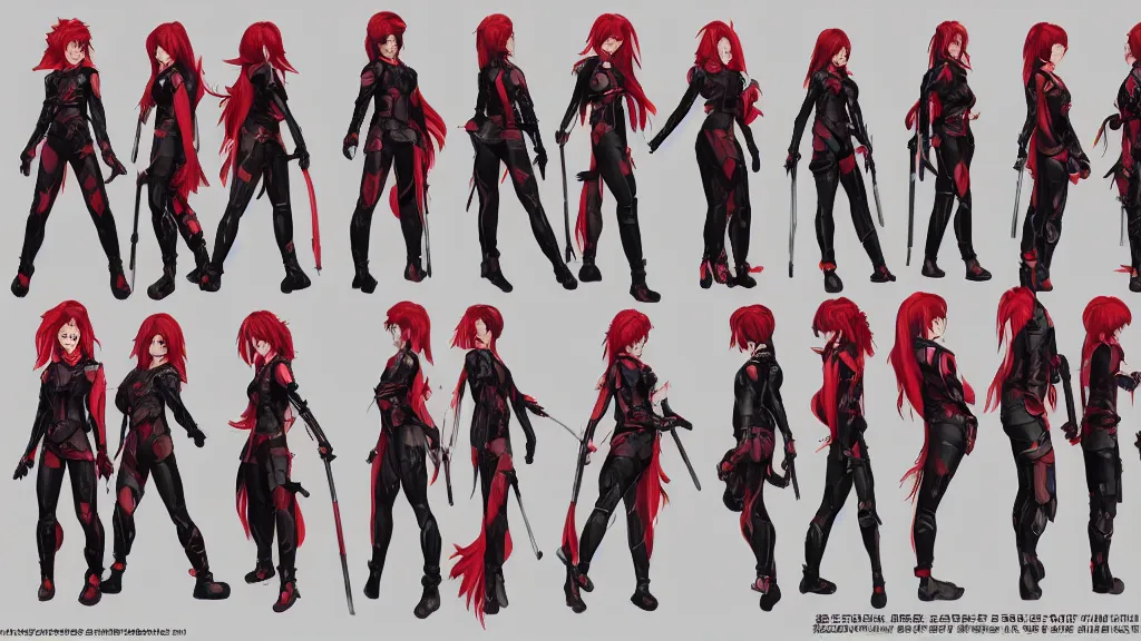 Image similar to a fantasy female red haired kunoichi character design sheet, trending on artstation