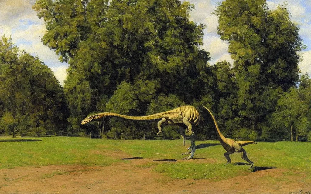 Prompt: a painting of a dinosaur in a park, oil on canvas, by peder kroyer