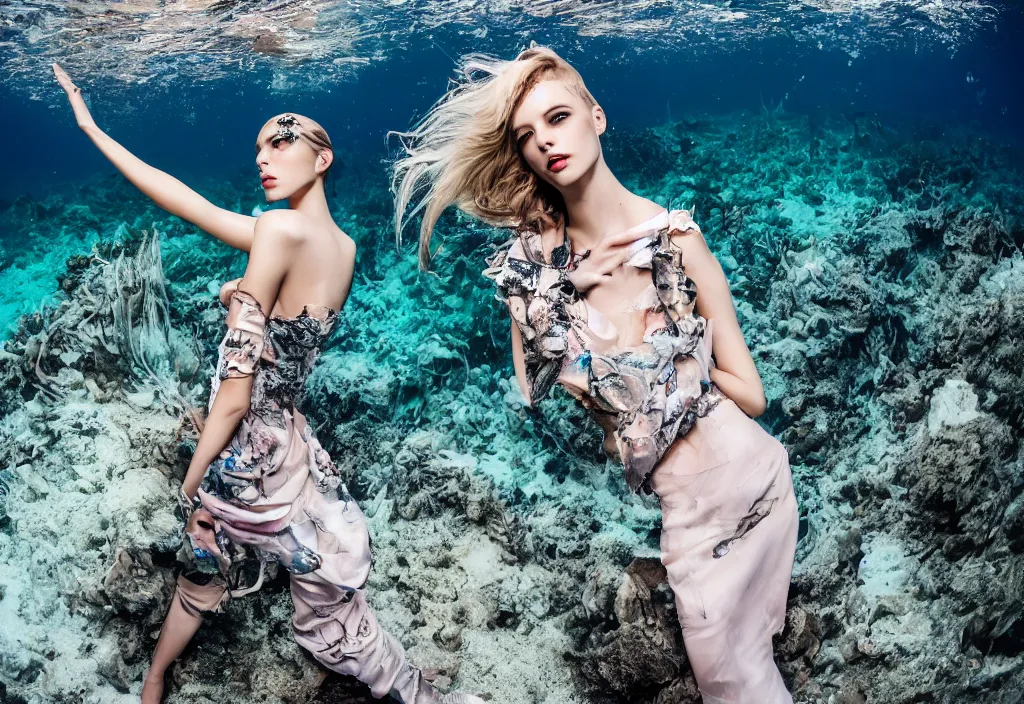 Image similar to fashion editorial in the depth of the sea. wide angle shot. highly detailed. depth of field. high definition. 8k. photography.