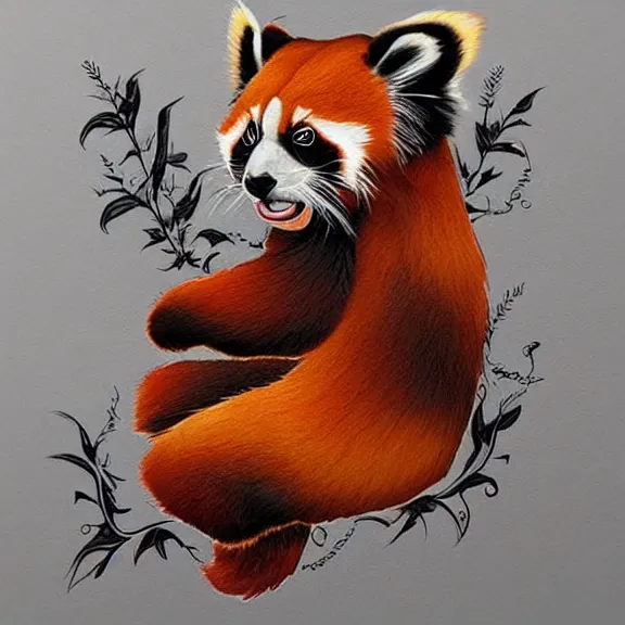 Image similar to “neotraditional tattoo of a red panda in xiaolin monk robes, digital art, tattoo art, highly detailed, hiperrealistic, photorealistic, 4k UHD, Zoltán Szente”