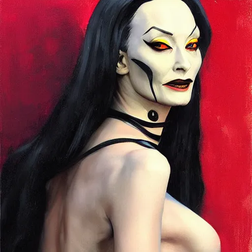Prompt: greg manchess portrait painting of partially armored morticia from addams family as overwatch character, medium shot, asymmetrical, profile picture, organic painting, sunny day, matte painting, bold shapes, hard edges, street art, trending on artstation, by huang guangjian and gil elvgren and greg rutkowski