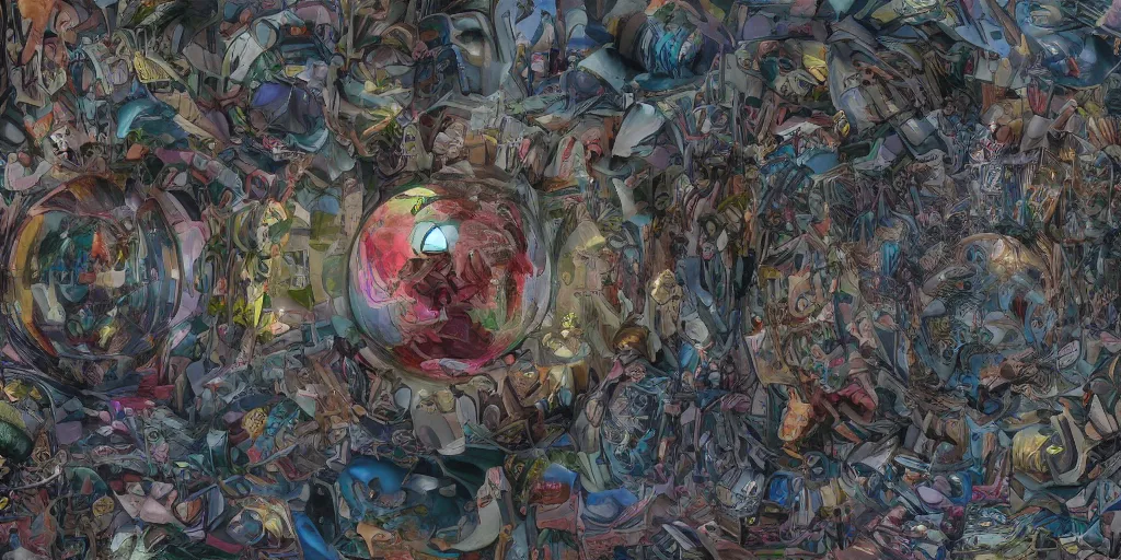 Image similar to 4 k photorealistic full color gradient pattern of escher style 3 6 0 panorama with hieronymus bosch style bubbles, unfinished, very detailed