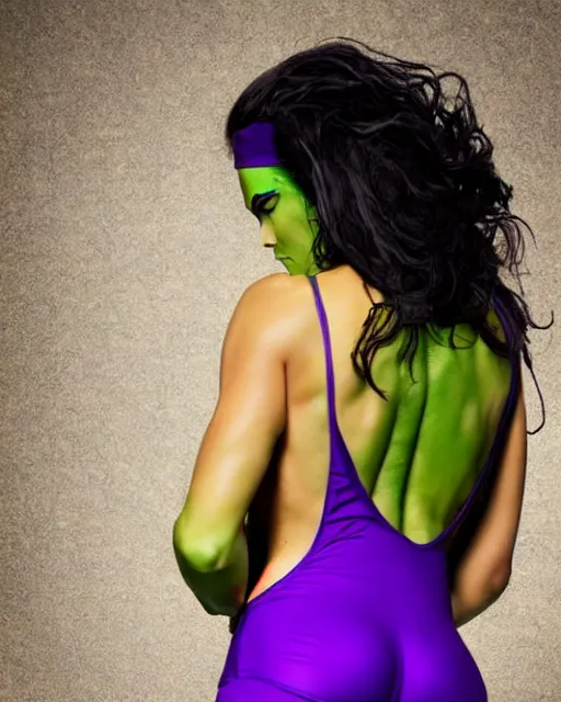 Prompt: photoshoot of the gorgeous sensational she hulk, she is wearing a purple one piece swimsuit, she is tall, very fit and extremely muscular, she has bright green skin all over her body, long black hair, hyperreal, highly detailed, studio lighting, soft focus, bokeh