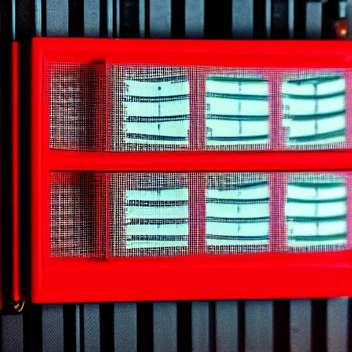 Prompt: bright red plastic computer punch card, many see - through holes in random places