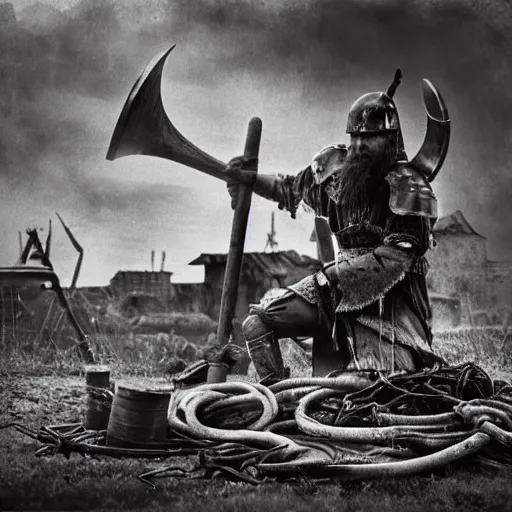 Image similar to wise angle photo of viking in armor working on the mechanical ancient device, tools and junk on the ground,wires and lights, old village in the distance, vintage old photo, black and white, sepia