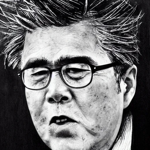 Prompt: Yoshitaka Amano realistic illustration of jeb bush ,hair fluttering in the wind, wrinkles on his face, abstract black and white patterns on the background, noisy film grain effect, highly detailed, Renaissance oil painting, weird portrait angle, blurred lost edges, three quarter view