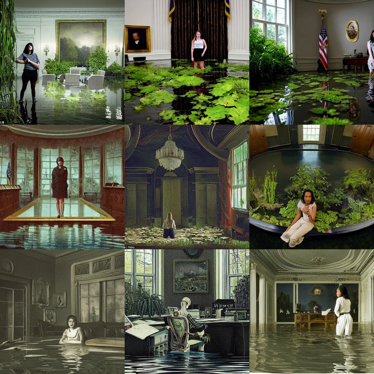 Prompt: an young urban explorer woman, alone, in an empty dark flooded oval office in the white house, overgrown with aquatic plants
