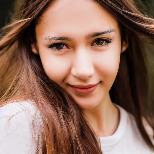 Image similar to real life photo of a beautiful girl, full body photoshoot, long brown hair, brown eyes, full round face, short smile, casual clothes, highly detailed, xf iq 4, 1 5 0 mp, 5 0 mm, f 1. 4, iso 2 0 0, natural light, adobe photoshop, adobe lightroom