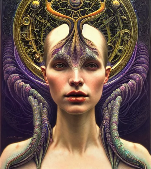 Image similar to detailed realistic beautiful young groovypunk queen of andromeda galaxy in full regal attire. face portrait. art nouveau, symbolist, visionary, baroque, giant fractal details. horizontal symmetry by zdzisław beksinski, iris van herpen, raymond swanland and alphonse mucha. highly detailed, hyper - real, beautiful