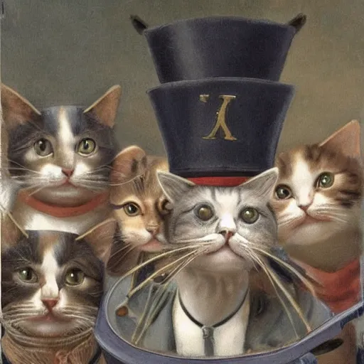 Prompt: a cat wearing napoleon's hat with a crowd of cats wearing helmets behind him. they're on a road.