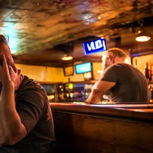 Prompt: recently divorced dad having an existential crisis at a dingy bar, wide angle shot, cinematic lighting, realistic photograph, 4 k,