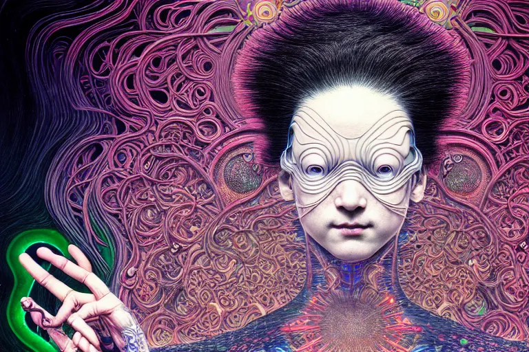 Image similar to realistic detailed image of being plugged into the matrix, conjuring psychedelic background, part by takato yamamoto, part by alex gray, ross tran, james jean, ultra realistic, octane render, highly detailed, 8 k, trending on artstation, cosmic, symmetry, masterpiece