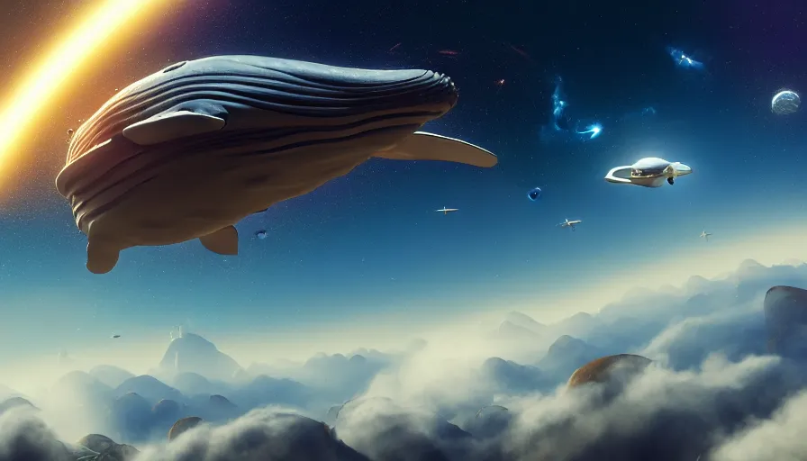 Image similar to highly detailed cinematic scifi render of flying whale over the tuscany skies, cypresses and hills, stars and planets, hyper detailed, digital art, cinematic lighting, studio quality, smooth render, unreal engine 5 rendered, octane rendered, art style by klimt and nixeu and ian sprigger and wlop and krenz cushart, artstation unreal.