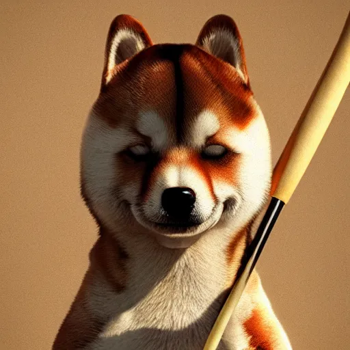 Image similar to highly detailed digital art, shiba inu holding a baseball bat on his hand, cinematic lightning, 4 k, ultra detailed, octane render, trending on artstation, masterpiece, digital art.