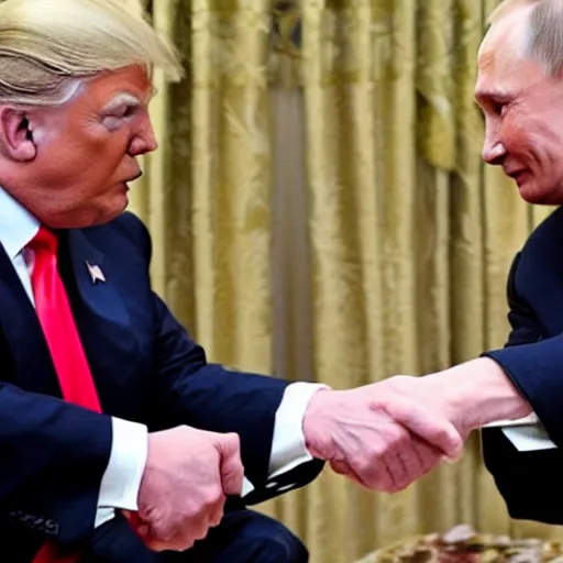 Prompt: donald trump and vladimir putin playing rock paper scissors