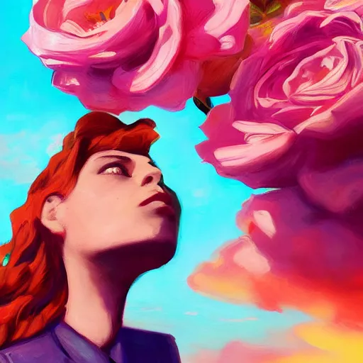 Image similar to closeup, giant rose flower as a head, frontal, girl in a suit, surreal photography, sunrise, blue sky, dramatic light, impressionist painting, digital painting, artstation, simon stalenhag