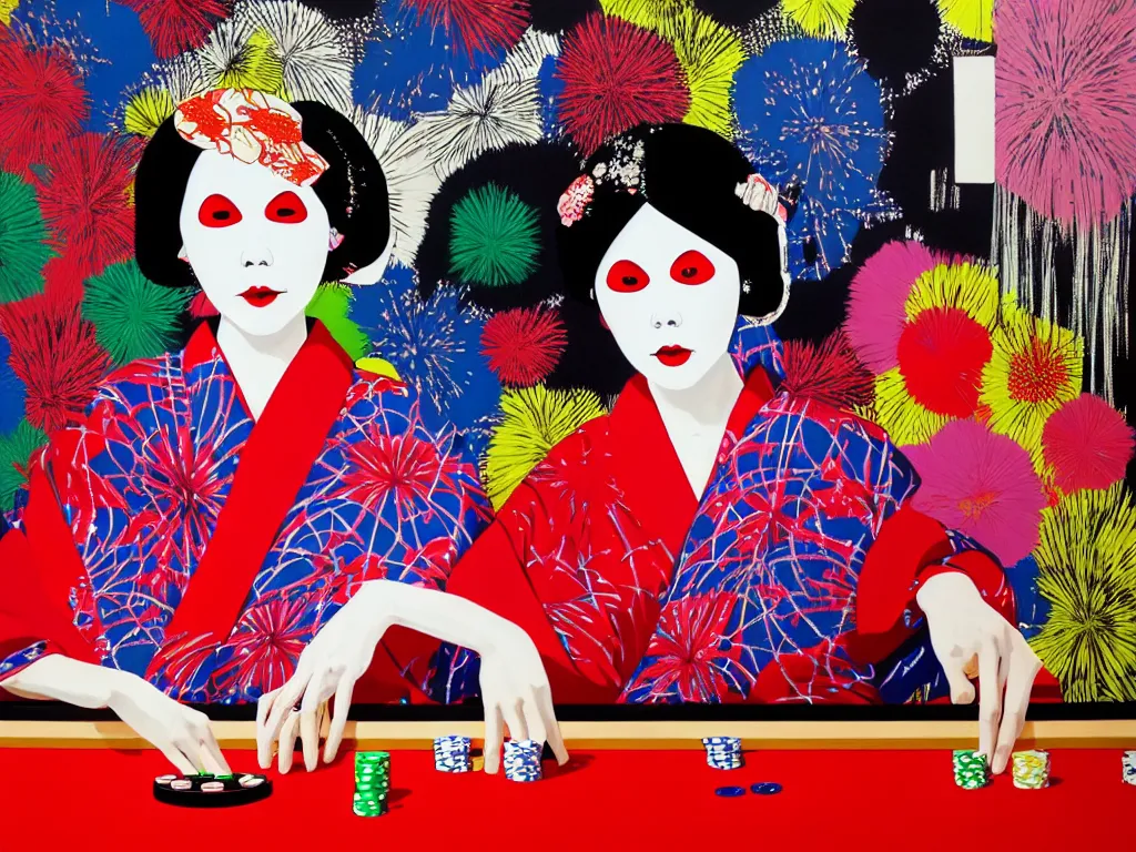 Image similar to hyperrealism composition of the detailed woman in a japanese kimono sitting at a poker table with slenderman, fireworks on the background, pop - art style, jacky tsai style, andy warhol style, acrylic on canvas