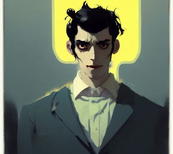 Prompt: portrait victorian man with black hair and yellow eyes, by atey ghailan, by greg rutkowski, by greg tocchini, by james gilleard, by joe fenton, by kaethe butcher, by ashley wood, dynamic lighting, gradient light blue, brown, blonde cream and white color scheme, grunge aesthetic