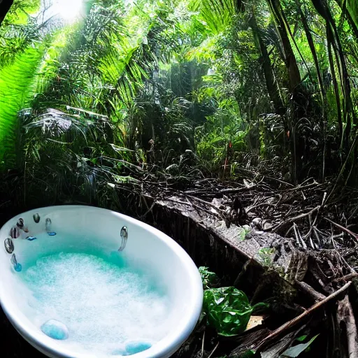 Image similar to pristine bath filled with bubbles in a clearfelled jungle, slash and burn, deforestation