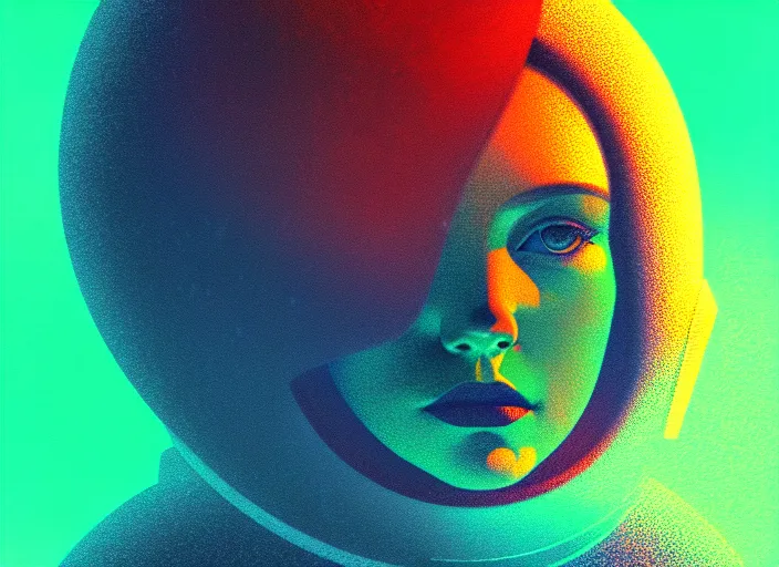 Image similar to portrait of a young astronaut girl, colorful, modern art deco, mads berg, karolis strautniekas, christopher balaskas, stippled light, fog, moody, fine texture, editorial illustration, dramatic lighting, dynamic composition, detailed, matte print, dynamic perspective, muted color