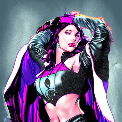 Image similar to Portrait of VelvetTrue-Beatz Disco-TEcha Dancer, flowing cape, marvel armor, graphic novel, art by Ardian Syaf