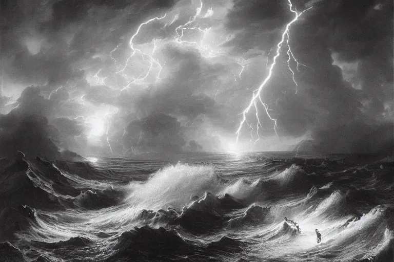 Prompt: highly detailed and cinematic romantic, edge of the universe, the great roman demigod with a gladius, symmetrical face, magical, roman myth, masterpiece, crashing waves, lightning, highly detailed painting by gustave dore