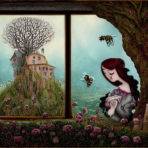 Image similar to a portrait of a woman standing infront of a window, she is happy and has lovely hair and eyes, a man is standing behind her with a look of suprise in his face, 🪴🌳🐝, 8 k, lowbrow, in the style of daniel merriam and alexander jansson,