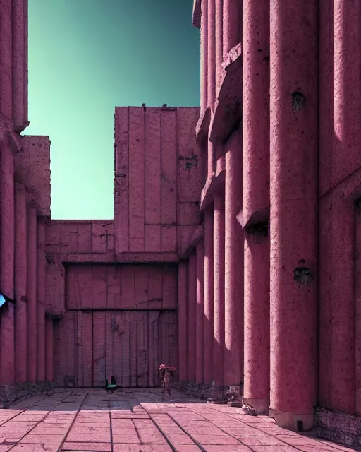 Image similar to hyperrealistic 3d render high quality baroque mecha iridescent pink brutalist city ruins background concept art vray! santiago caruso de chirico sharp very dramatic green light 8k low angle shallow depth of field