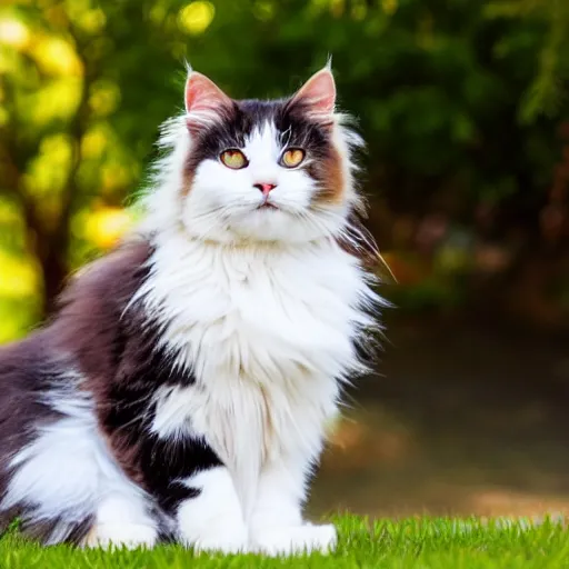 Image similar to a fluffy cute calico cat sitting on the corner of a front yard outside in the late afternoon on a beautiful summer day, sunset