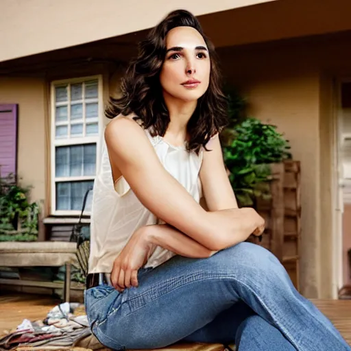 Image similar to gal gadot posing on a porch at a house, zeiss lens, detailed, symmetrical, centered, fashion photoshoot, by annie leibovitz and steve mccurry, david lazar, jimmy nelsson, breathtaking, 8 k resolution, extremely detailed, beautiful, establishing shot, artistic, hyperrealistic, beautiful face, octane render