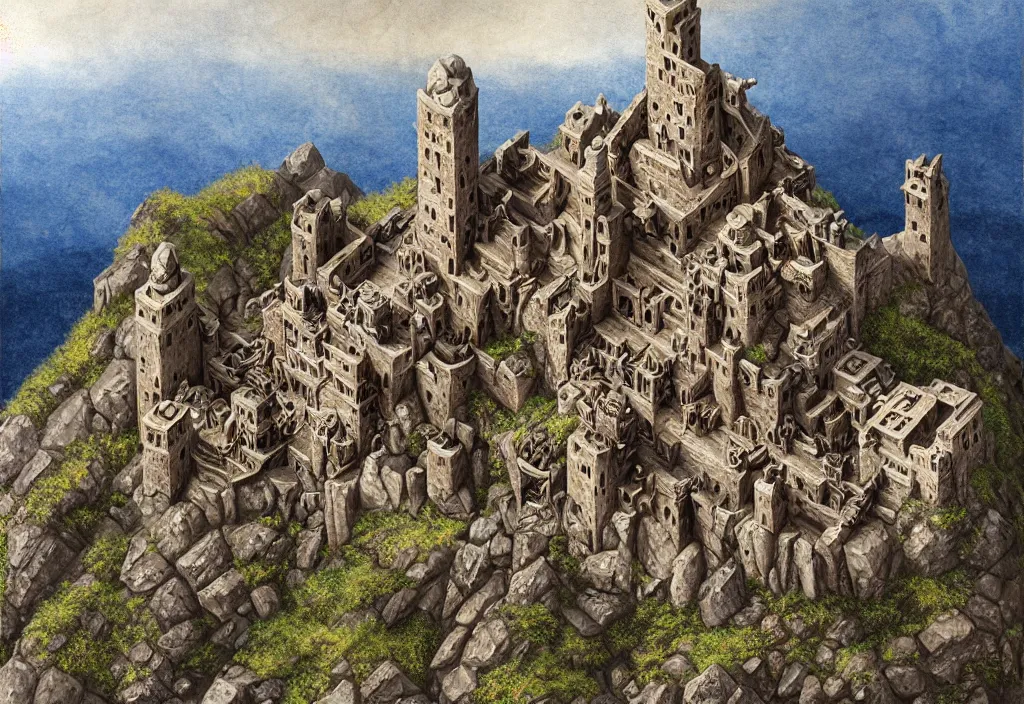 Image similar to aerial view of a dwarven fortress chiseled into the side of a rocky cliff, a matte oil painting, by tolkien, epic, medieval fantasy, mountain halls, high winds, torches, waterwheels, windmills, runes, ornate jewels, trading depots, extremely detailed, sharp focus