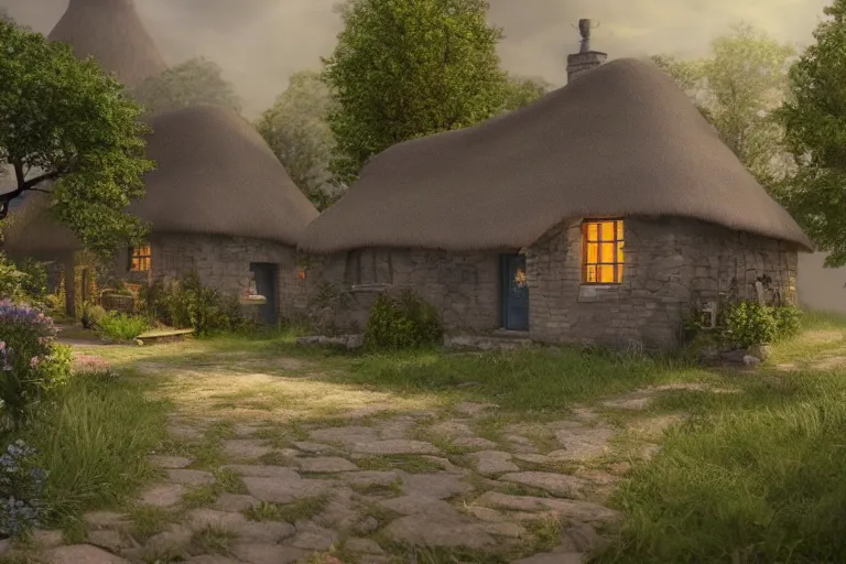 Prompt: a beautiful matte painting of a little cottage, trending on artstation, 1 2 k, ultra realistic, unreal engine