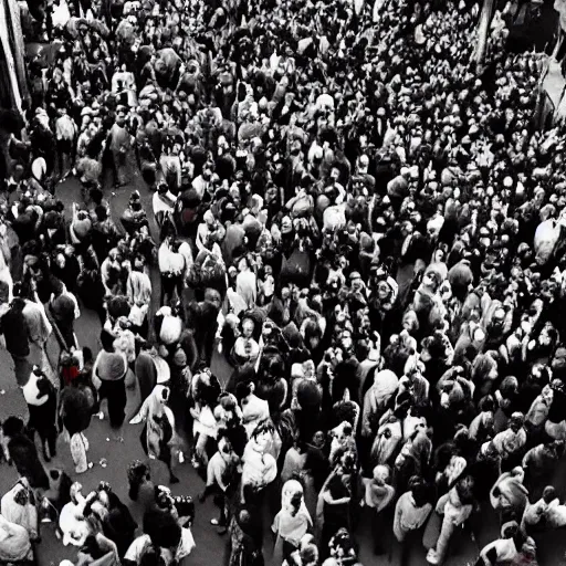 Image similar to a birdseye view of a crowd of people outside of a trendy nightclub in los angeles at night, directed by christopher nolan