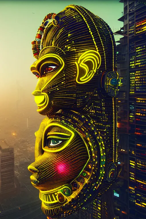 Image similar to high quality photo hyperrealistic cyberpunk hanuman head building, neon yellow madhubani, highly detailed, in sci - fi mumbai, unreal engine cinematic smooth, liam wong, moody light, low angle, uhd 8 k, sharp focus